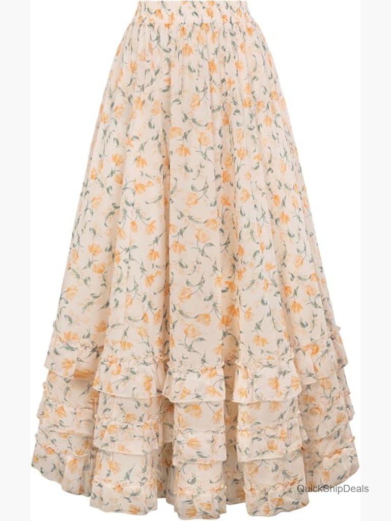 Women Floral Chiffon Elastic High Waist Flowy Ruffle Long Maxi Skirt With
